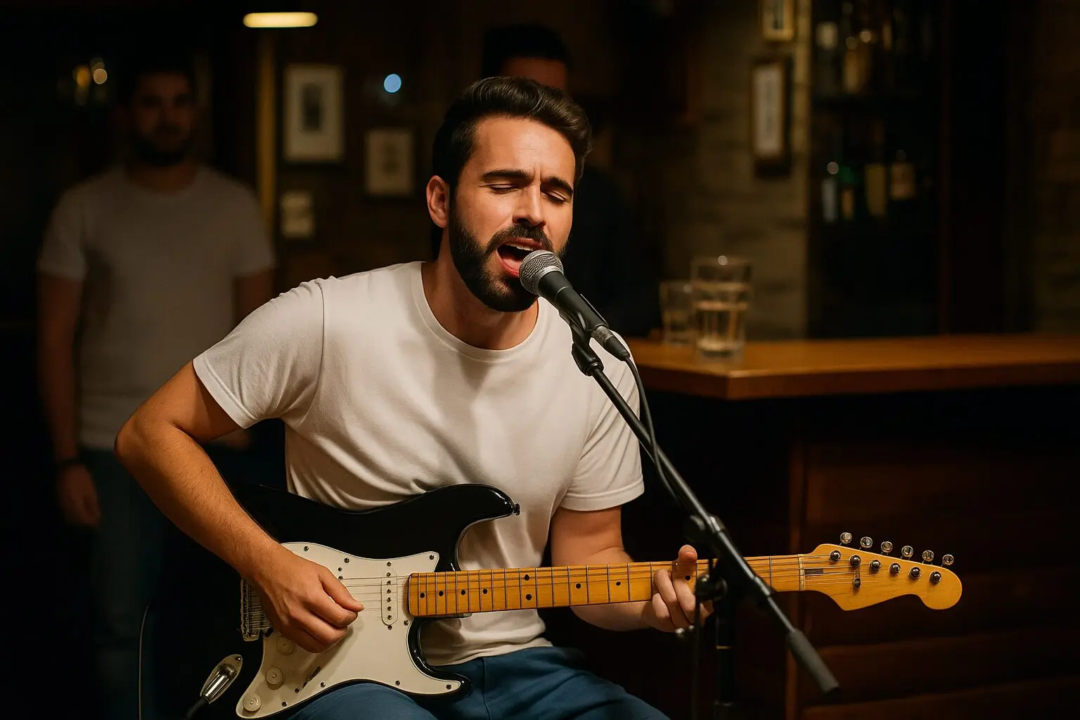 A man passionately singing and playing electric guitar at a cozy venue.