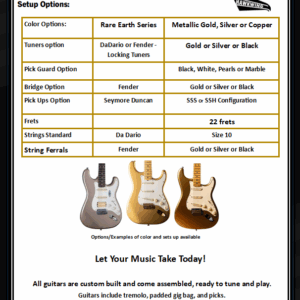 Three electric guitars in different wood finishes on stands.