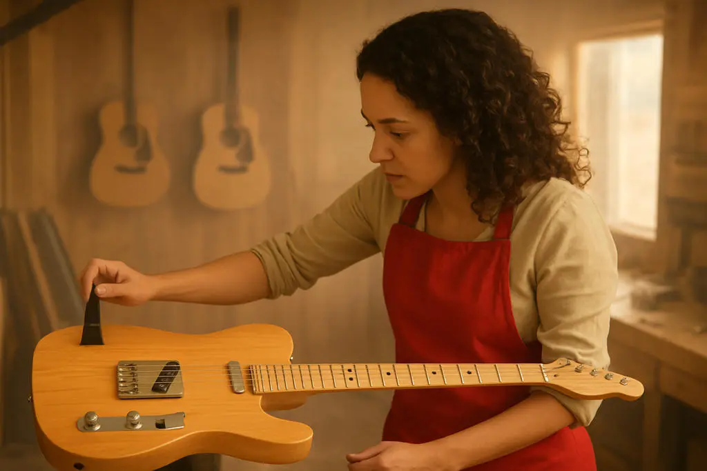 Woman in red apron inspecting a guitar in a workshop.