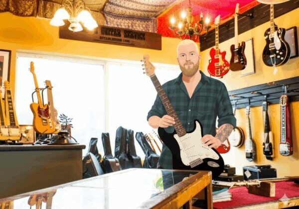 Man holding an electric guitar in a music store filled with guitars.