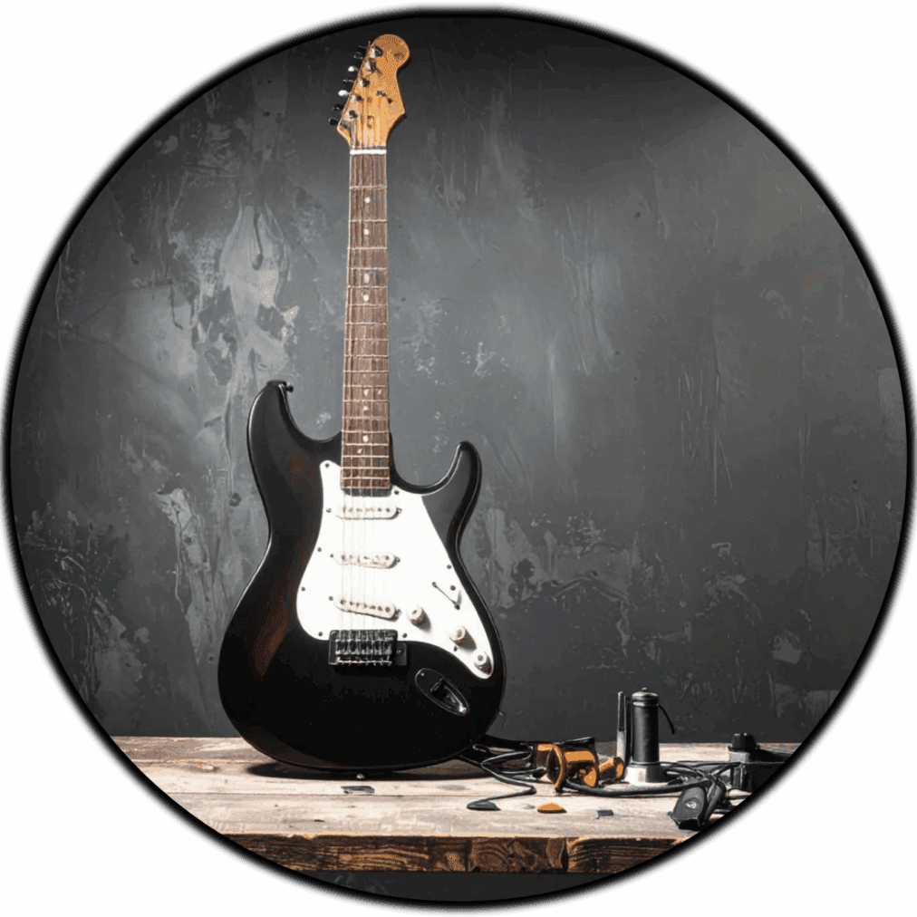 Black electric guitar on a wooden table with pedals and cables.