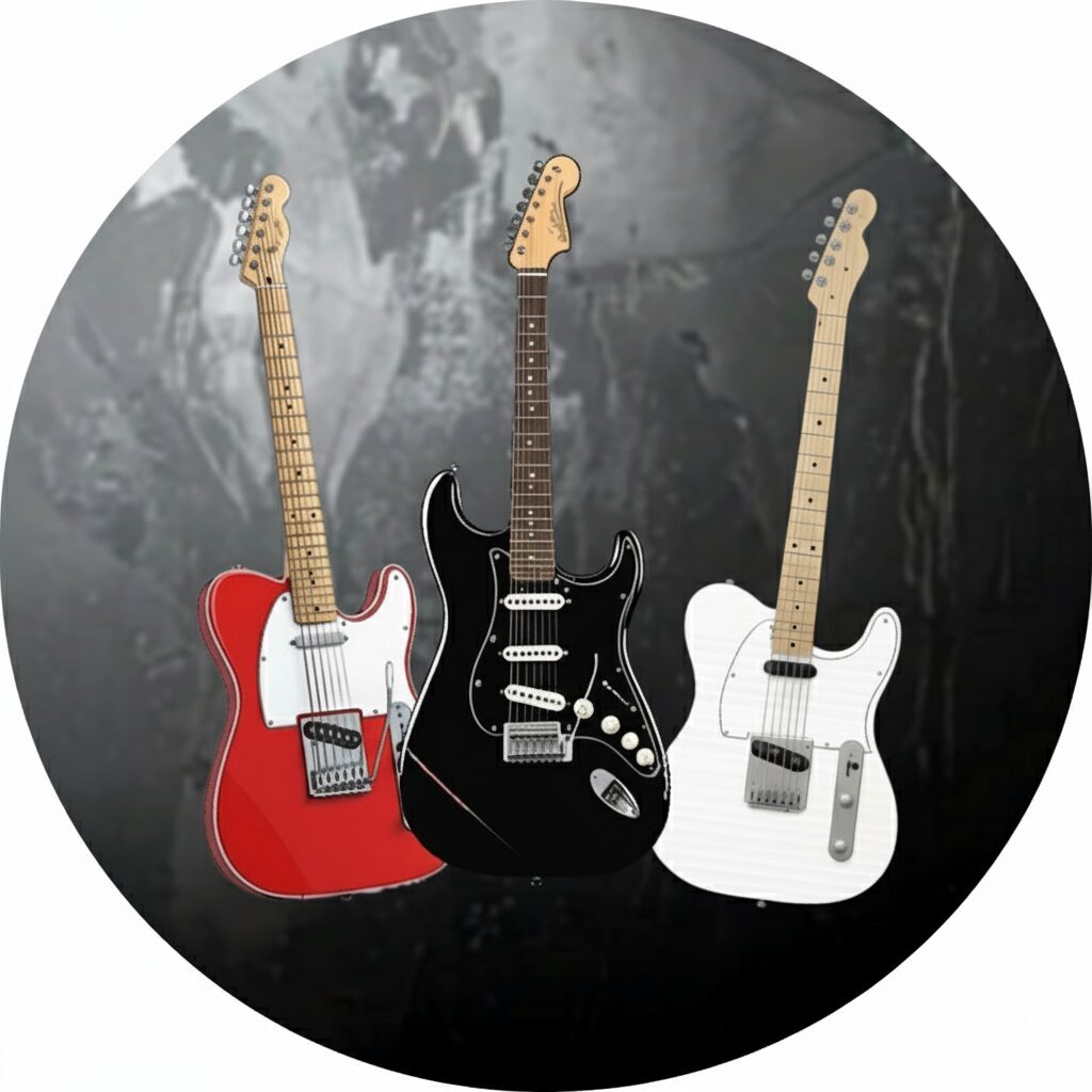 Three electric guitars in red, black, and white against a dark background.